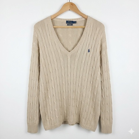 Polo Ralph Lauren Sweaters - Polo Ralph Lauren Sweater Womens L Oatmeal Cable Knit V Neck Pima Cotton Relaxed